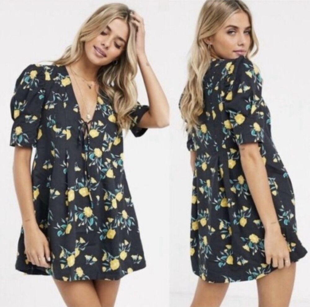 Free People Black Adelle Floral Printed Dress Pocket Short Sleeve Tunic L